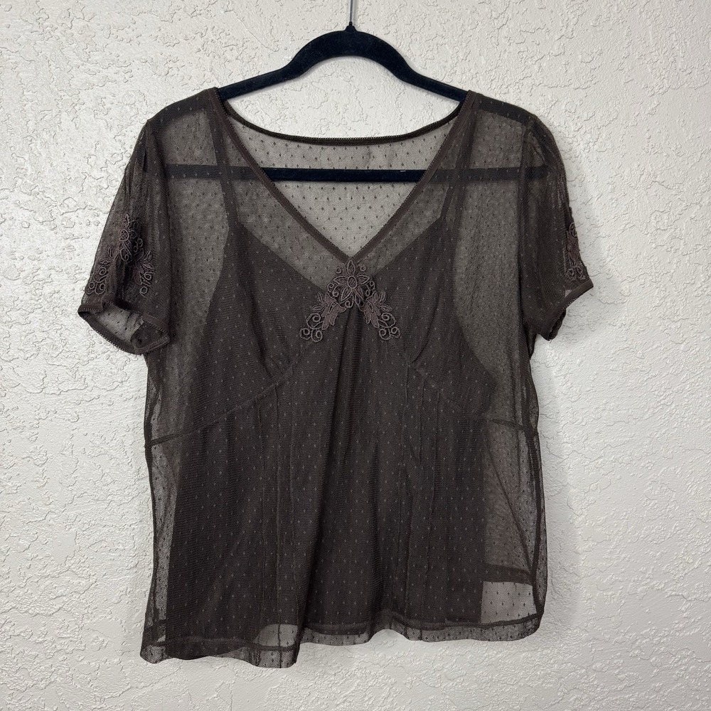 VTG Y2K Womens Sheer Mesh Top W/Tank Top Lg Brown Floral Lace Trim Fairy Grunge